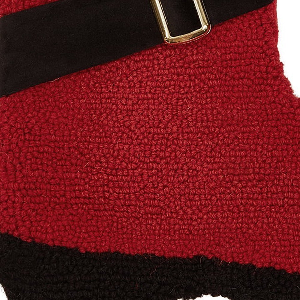 Closeup of 3D Santa Boot with Belt Hooked Wool Christmas Stocking showing stitch texture and craftsmanship detail