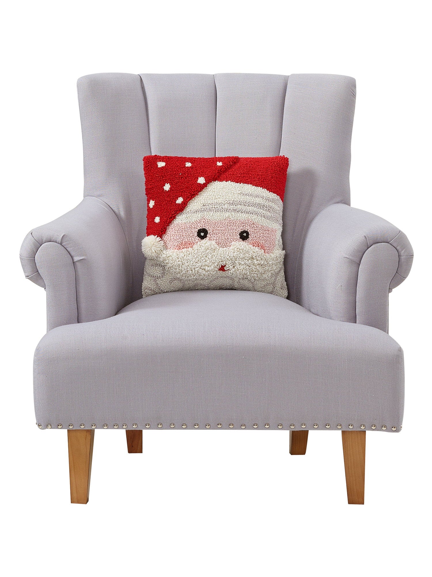 3D Santa Hooked Christmas Throw Pillow on an armchair, showing the throw pillow at room scale, 14x14 inch
