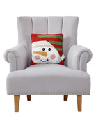 3D Snowman Hooked Christmas Throw Pillow on an armchair, showing the throw pillow at room scale, 14x14 inch