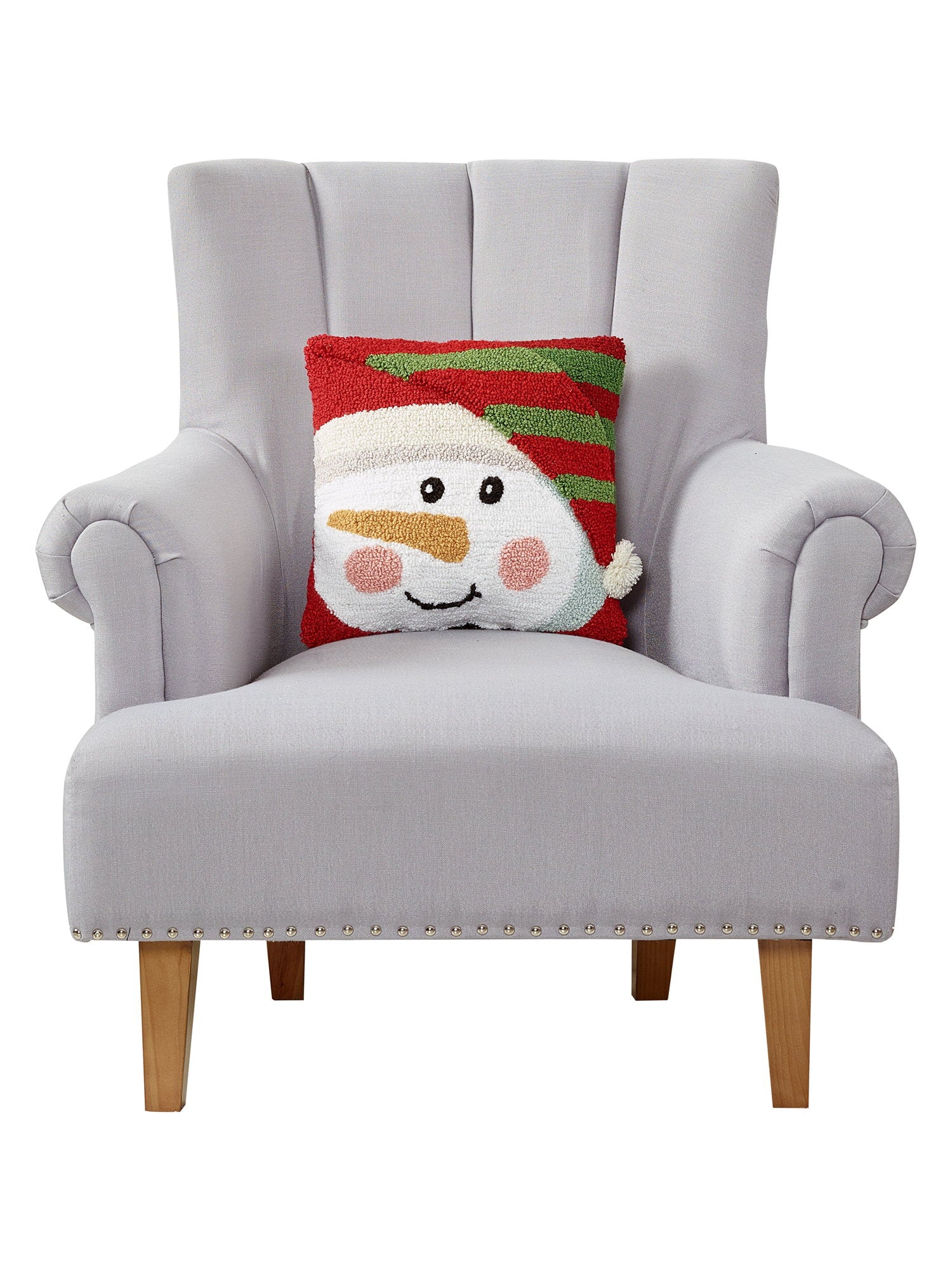 3D Snowman Hooked Christmas Throw Pillow on an armchair, showing the throw pillow at room scale, 14x14 inch