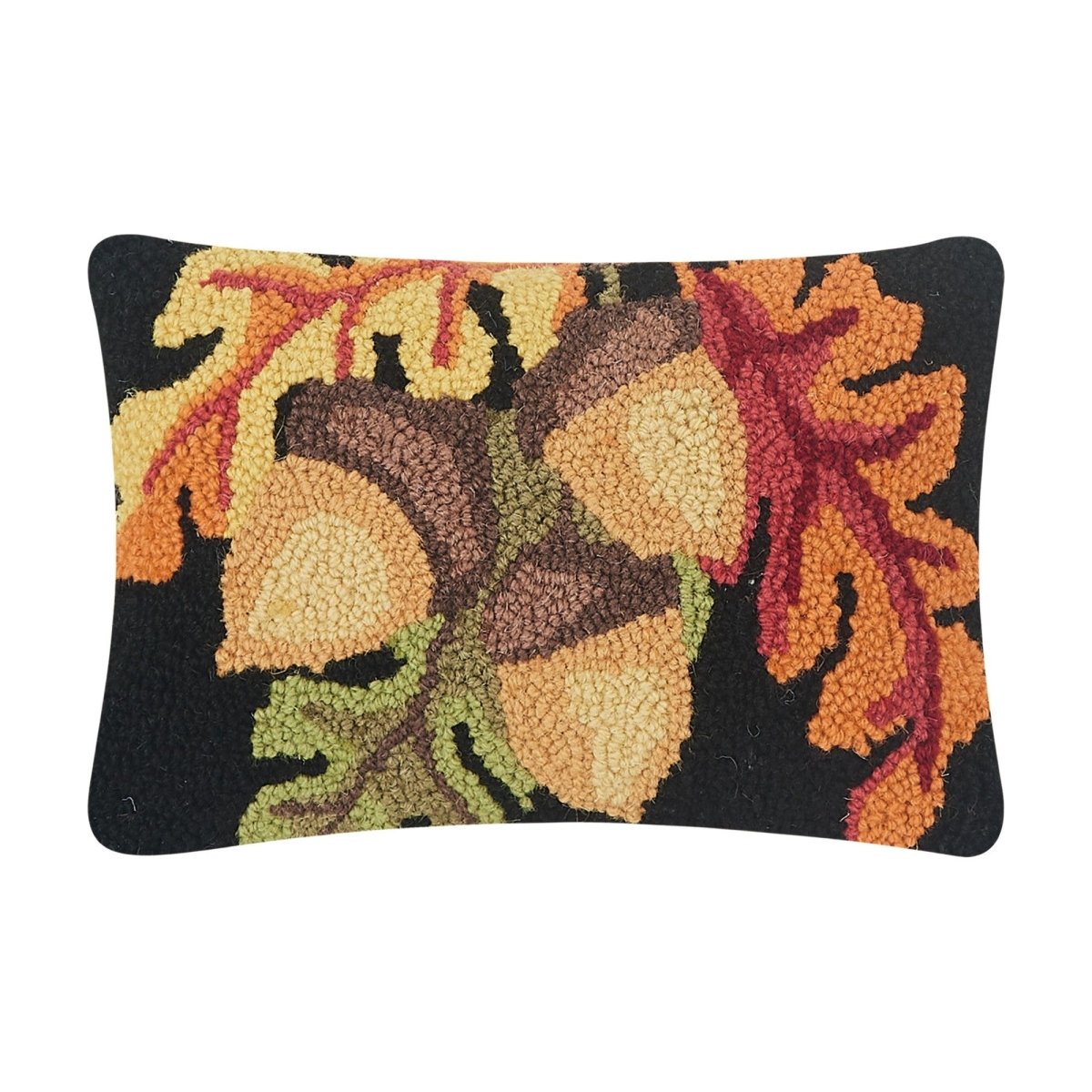 Acorn with Leaves Hooked Wool Fall Harvest Throw Pillow, 8x12 inch, front view