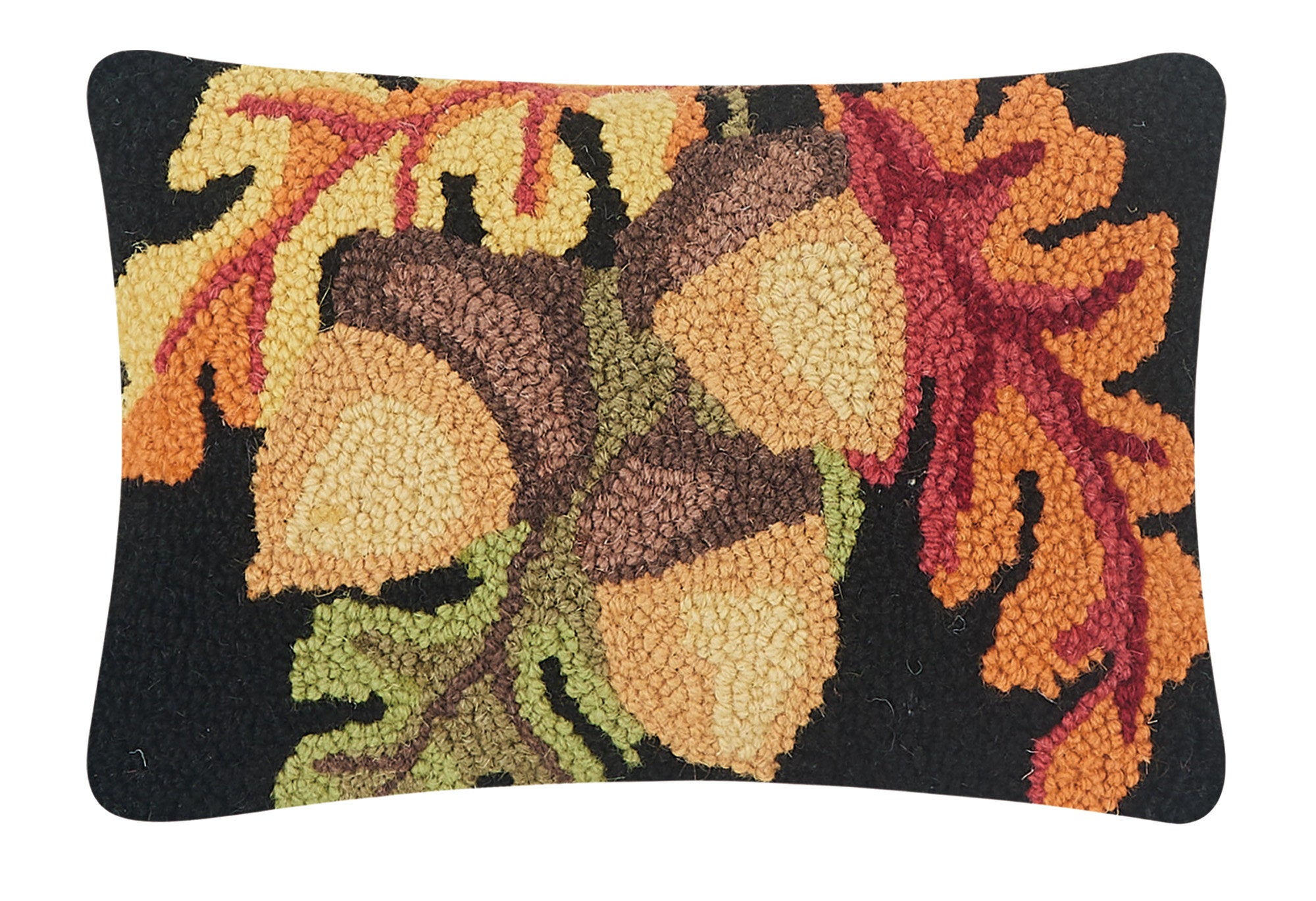 Acorn with Leaves Hooked Wool Fall Harvest Throw Pillow, 8x12 inch, front view