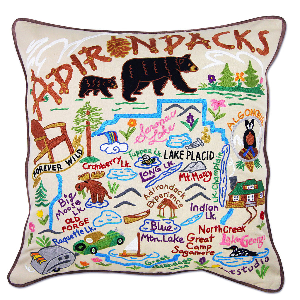 Adirondacks Wilderness Lodge embroidered throw pillow with scenic views.