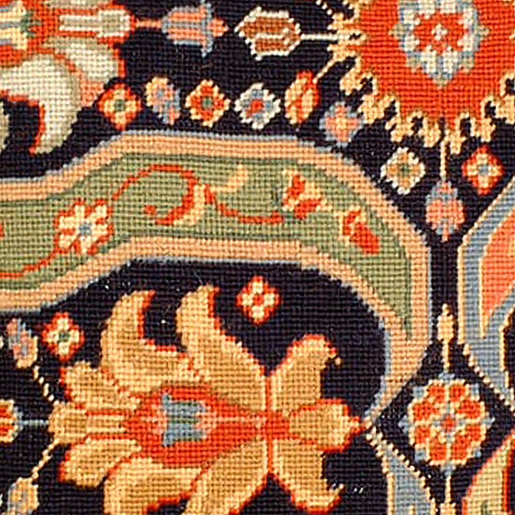 Hand-stitched wool detail of Afshar Abstract Oriental Blue needlepoint pillow showing intricate weave pattern and texture