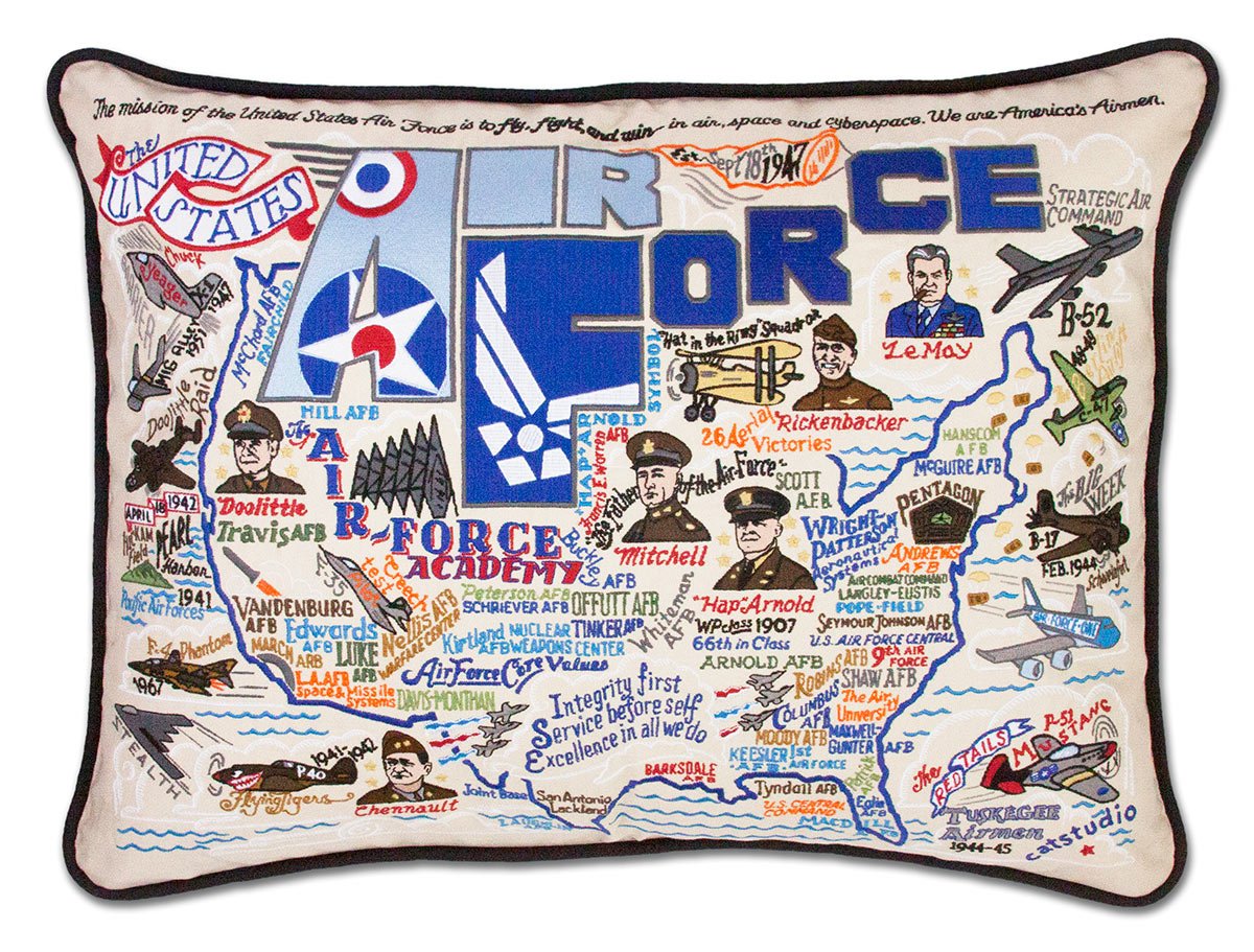 Air Force Appreciation hand-embroidered throw pillow showcasing iconic landmarks