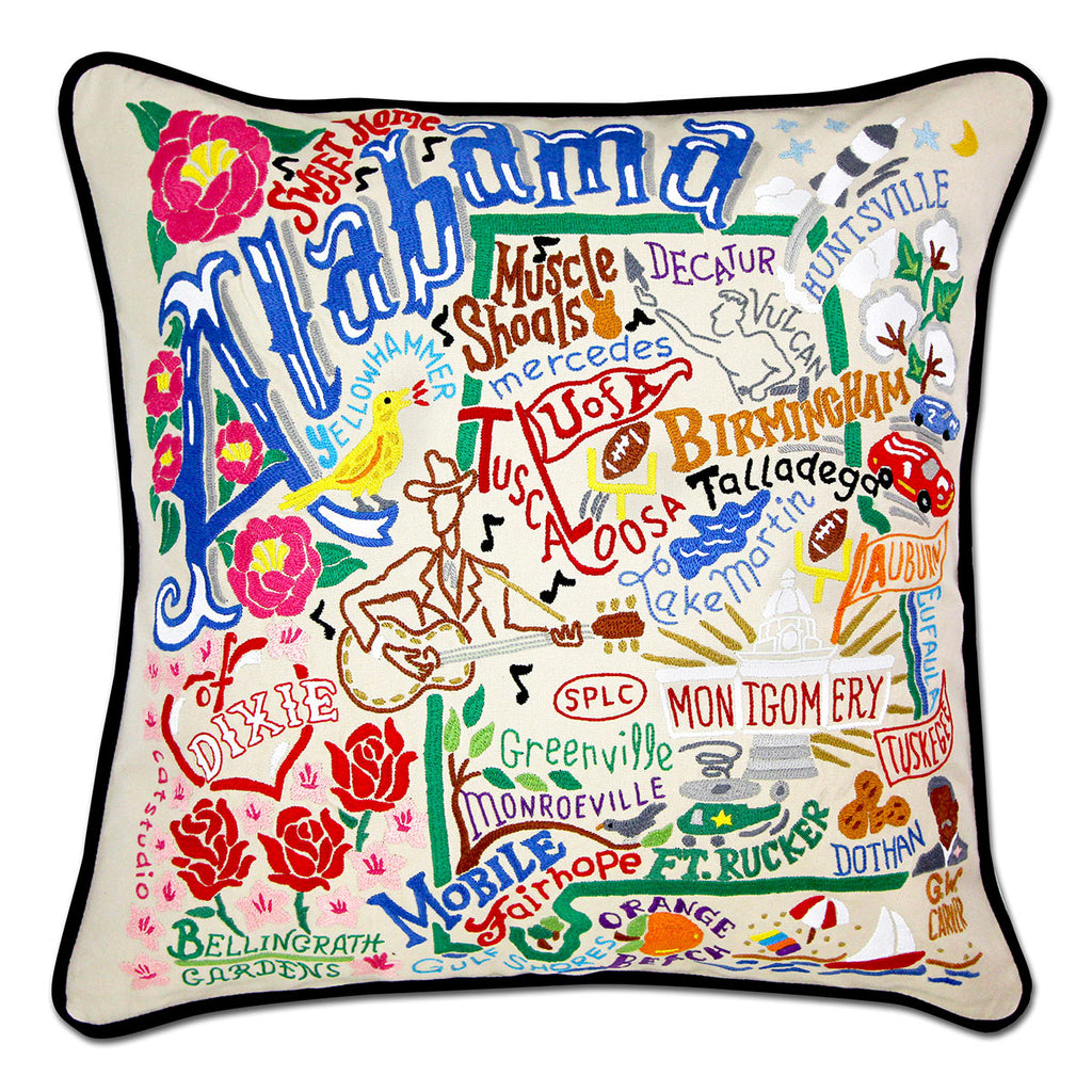 Alabama State Icons embroidered throw pillow with state symbols.