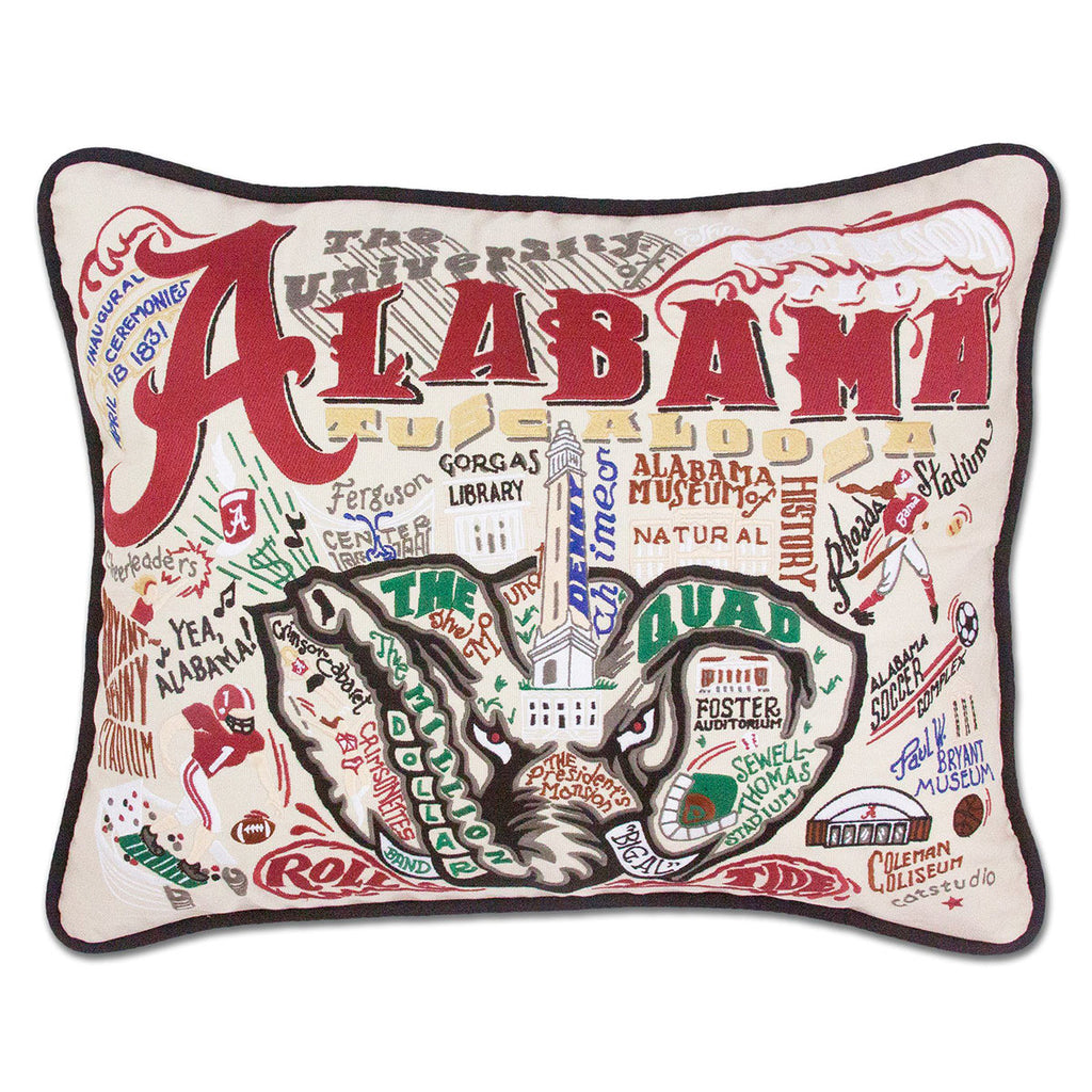 University of Alabama UA Crimson Tide embroidered pillow with school mascot.