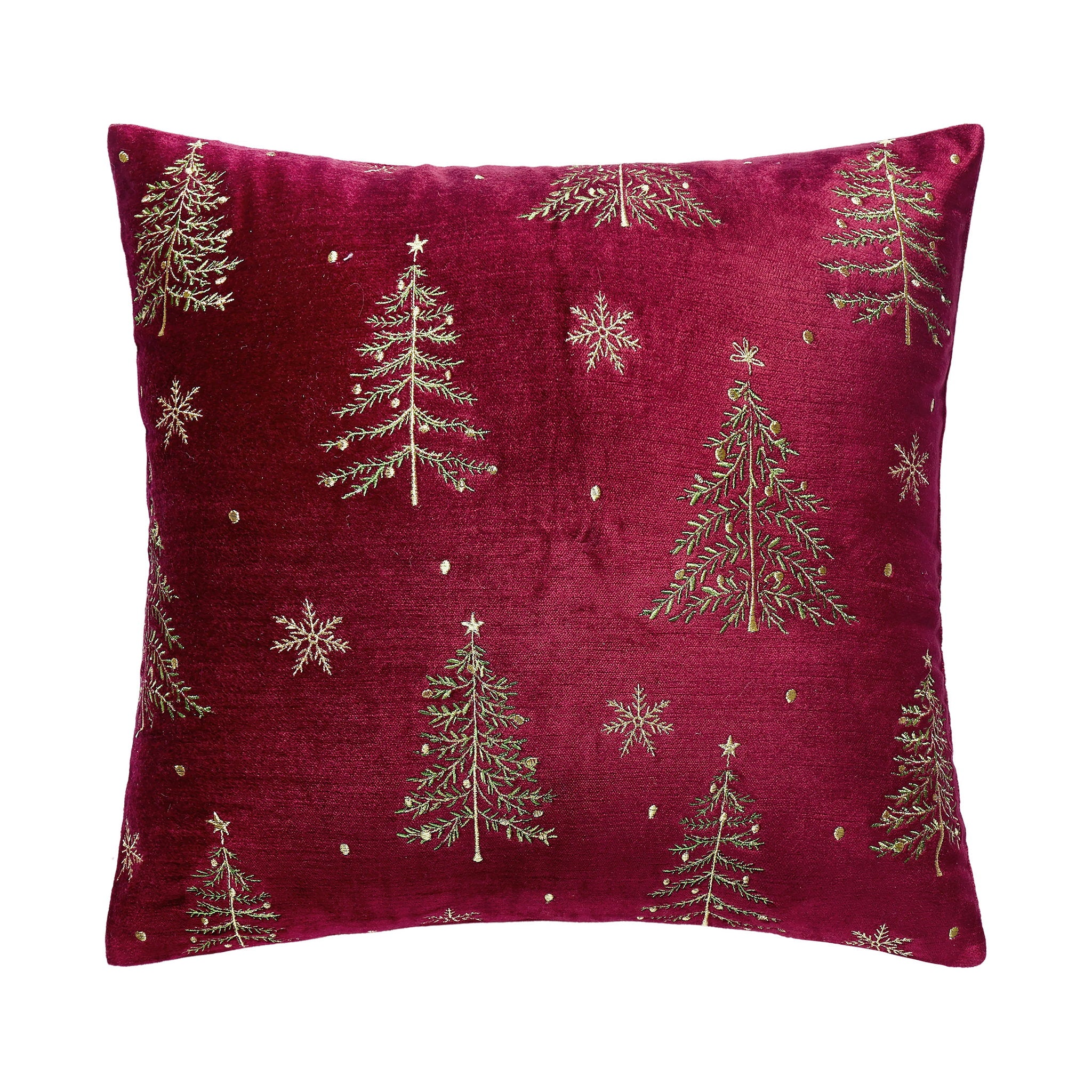 All Over Trees Velvet Embroidered Christmas Throw Pillow, 16x16 inch, front view