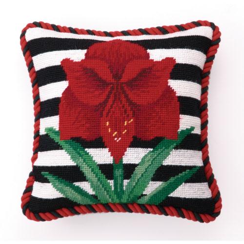 Amaryllis Stripes Needlepoint Christmas Throw Pillow, 10x10 inch, front view
