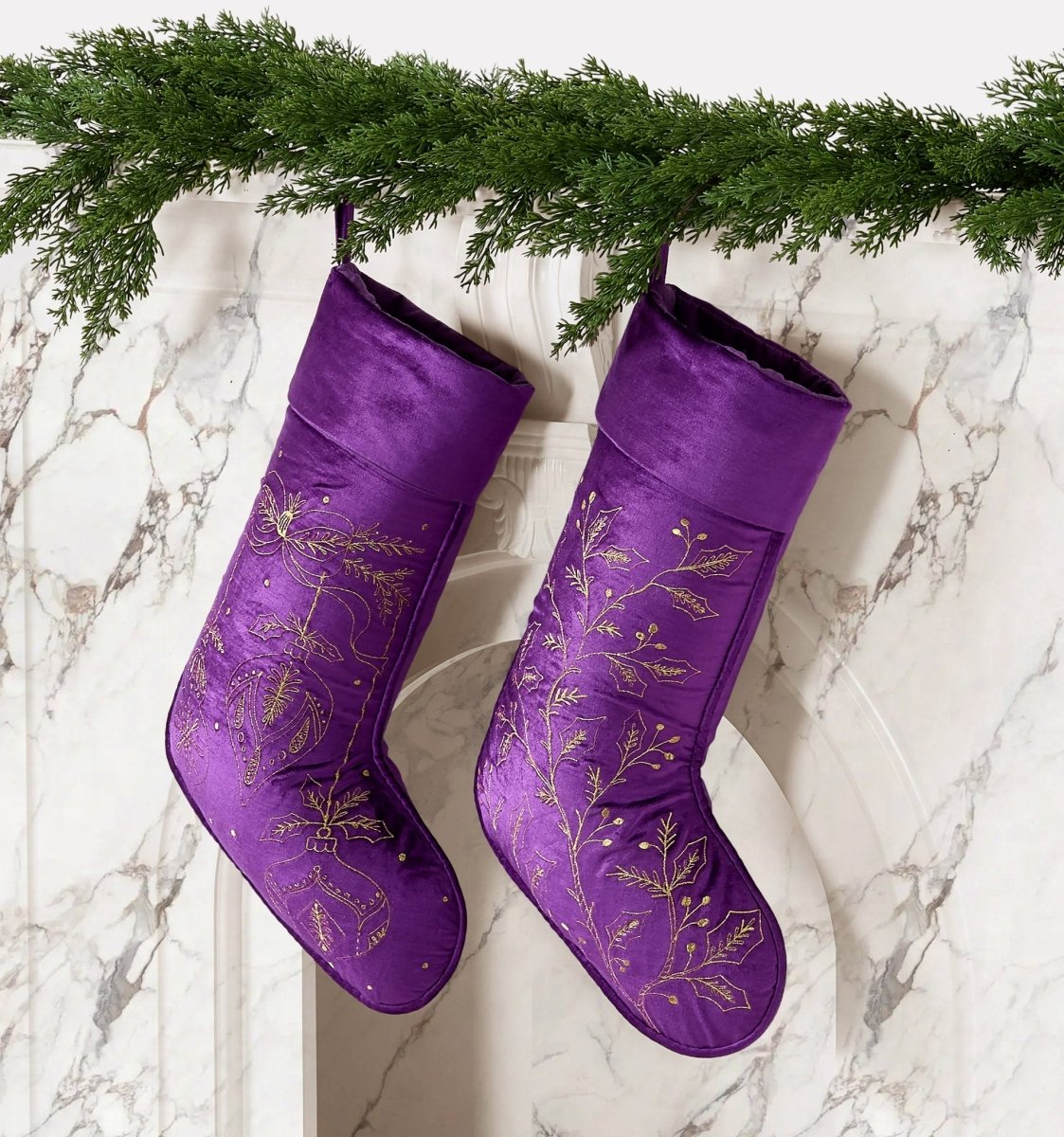 Amethyst Ornaments Velvet Embroidered Christmas Stocking styled in a room setting, 12x20 inch