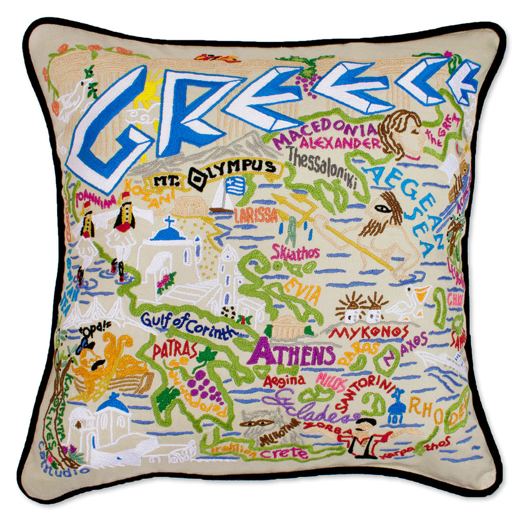 Ancient Greece Historical embroidered throw pillow with historic landmarks.