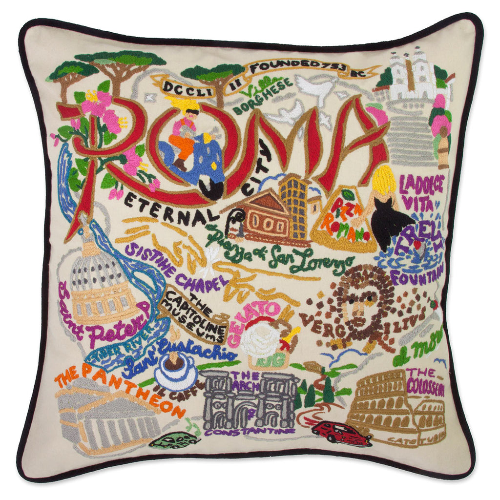 Roma XL Ancient Capital City embroidered throw pillow with detailed city landmarks.