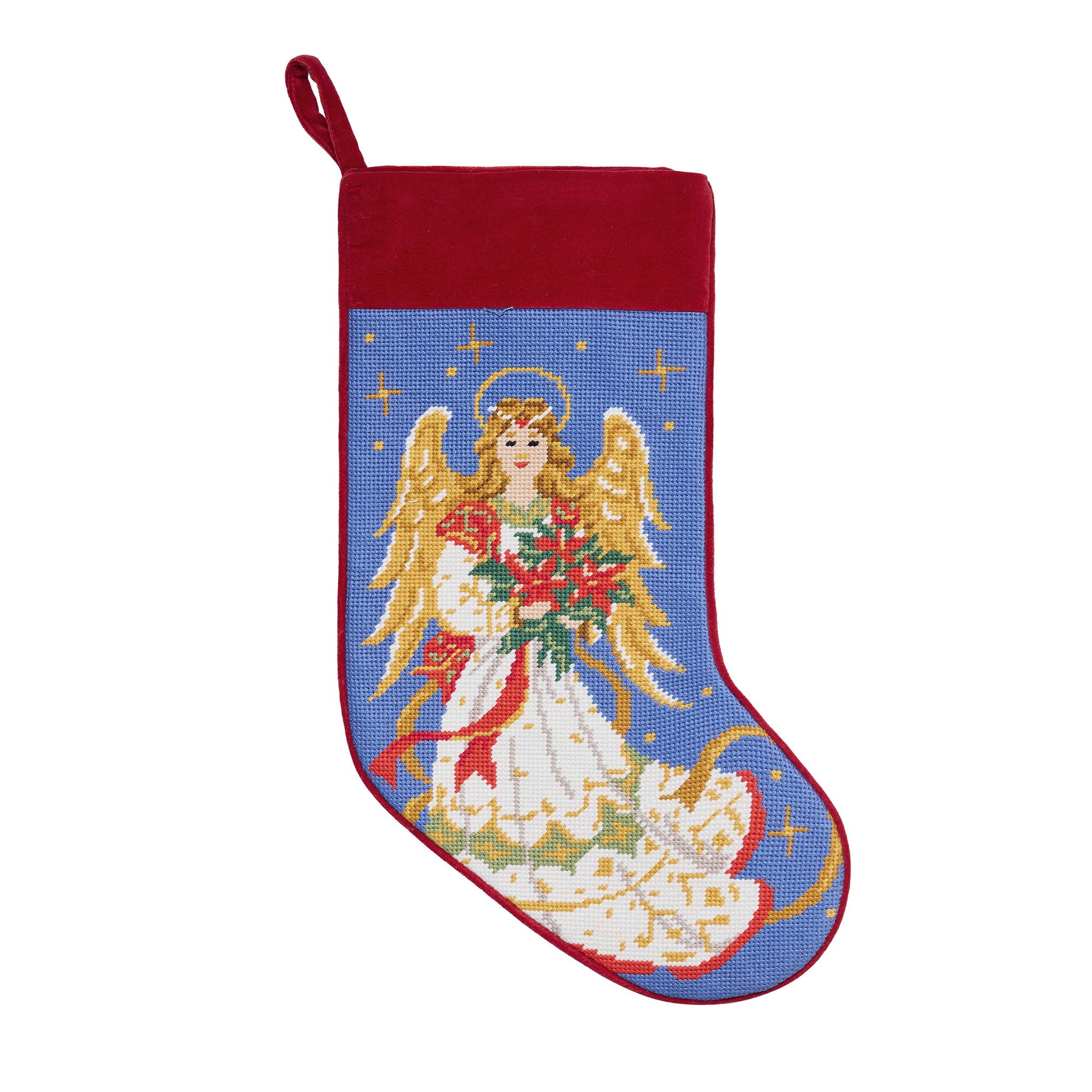 Angel Embroidered Needlepoint Christmas Stocking, 11x18 inch, front view