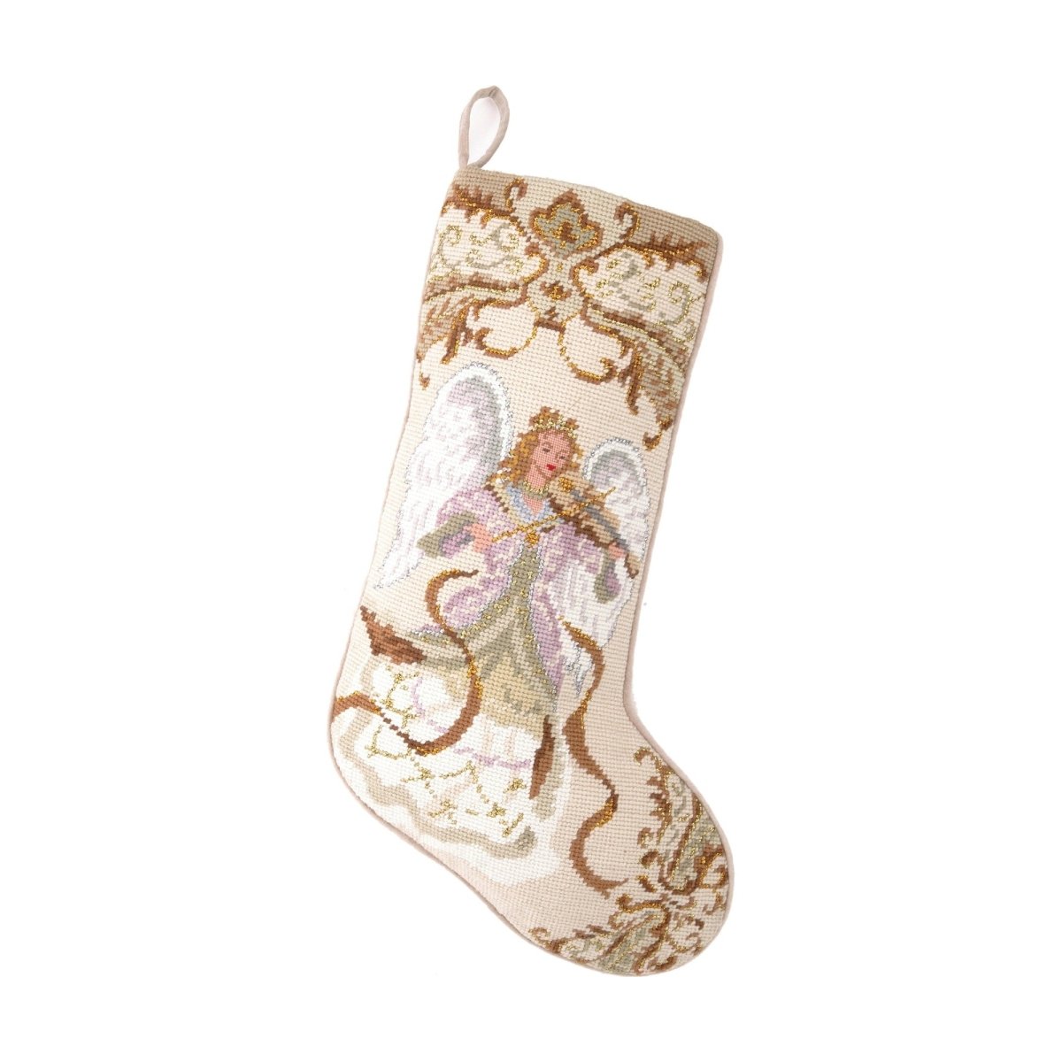 Angel with Violin Wool Needlepoint Christmas Stocking, 11x18 inch, front view