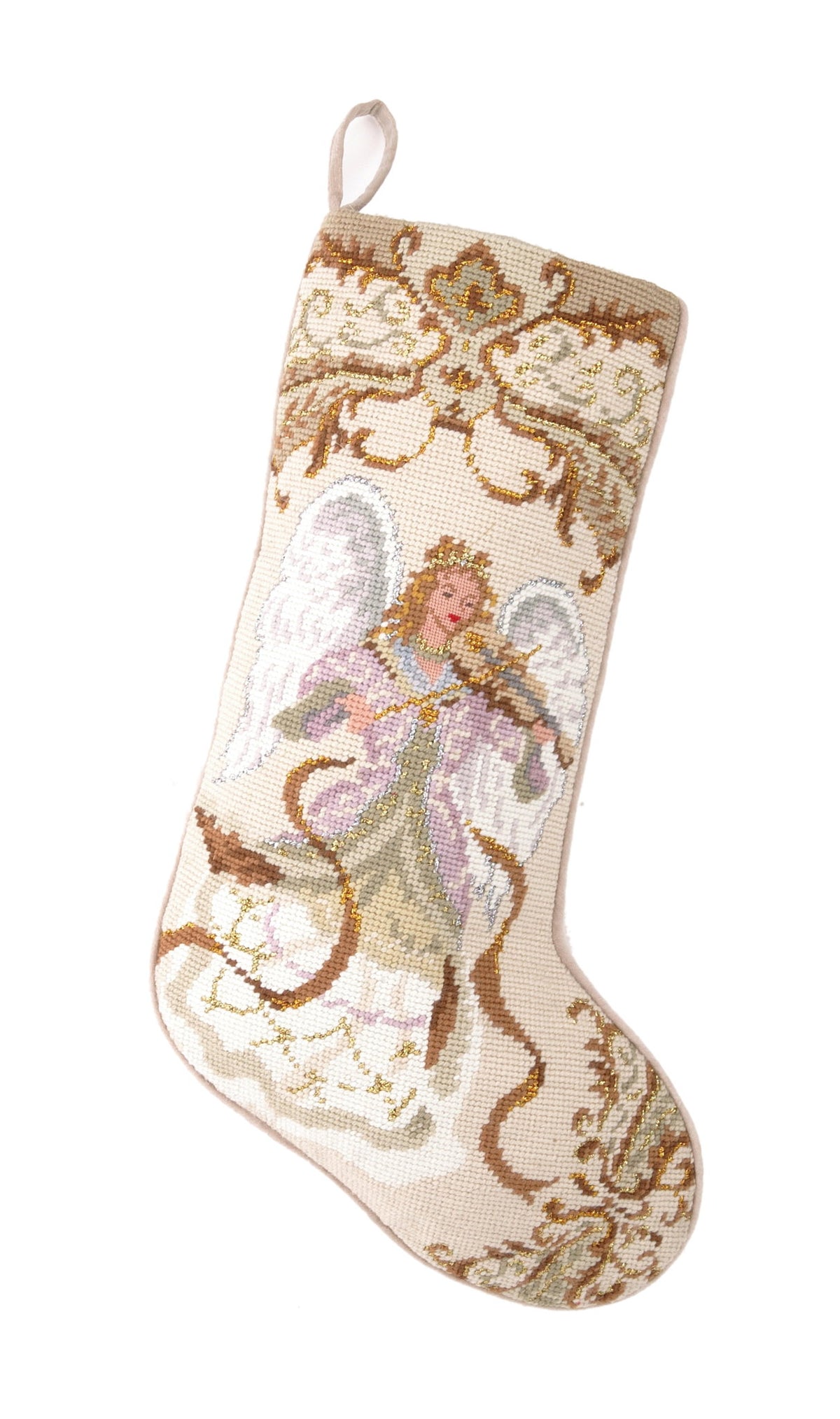 Angel with Violin Wool Needlepoint Christmas Stocking, 11x18 inch, front view