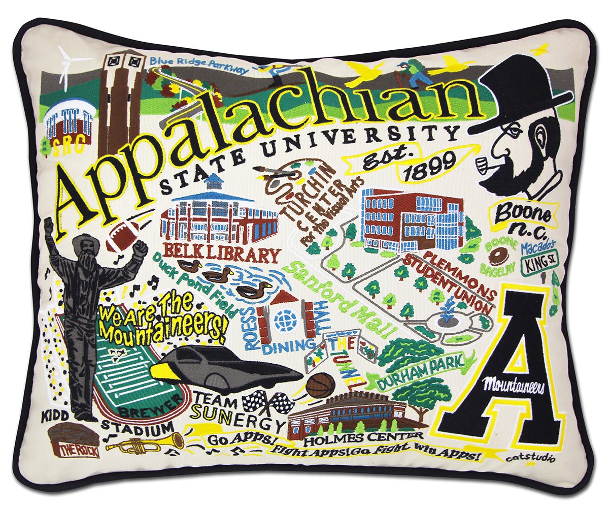 Appalachian State Mountaineers hand-embroidered throw pillow featuring school colors and mascot imagery