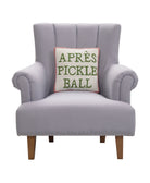Apres Pickleball Hooked Wool Throw Pillow on an armchair, showing the throw pillow at room scale, 14x14 inch