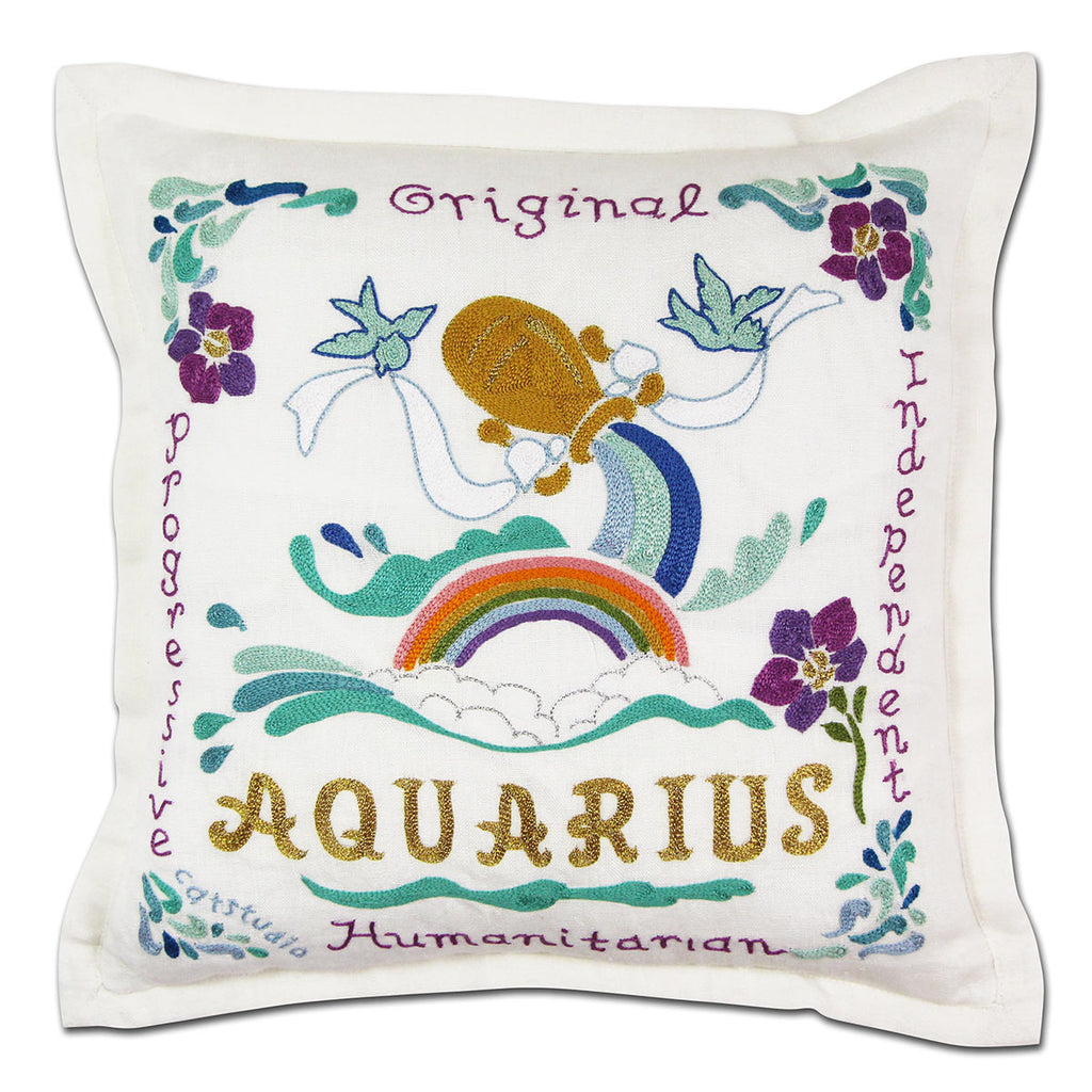 Aquarius Air Sign Astrology embroidered throw pillow with zodiac sign.