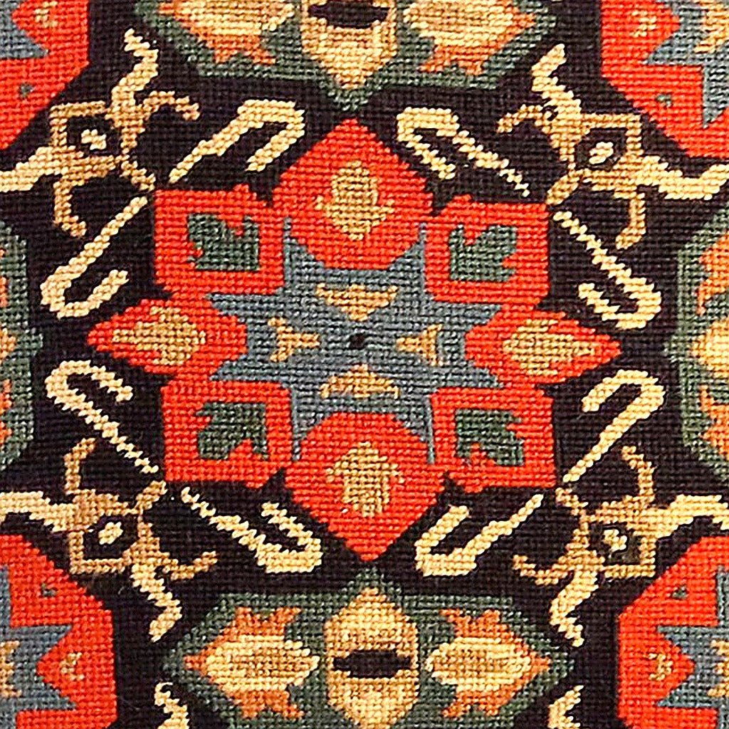 Ararat Turkish Geometric Blue pillow fabric closeup showing hand-embroidered needlepoint wool texture and color detail