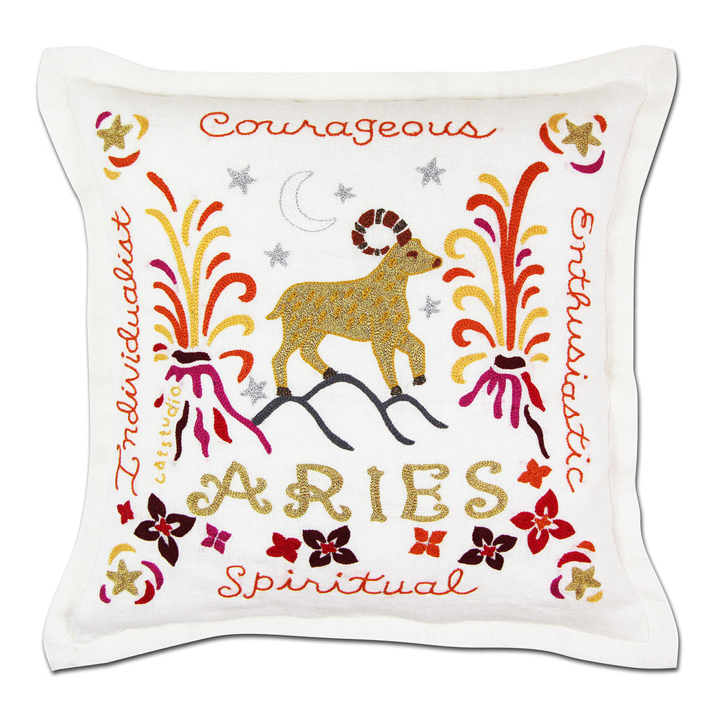 Aries Fire Sign Astrology embroidered throw pillow with zodiac sign.