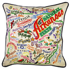 Arkansas State Natural hand-embroidered throw pillow showcasing iconic landmarks