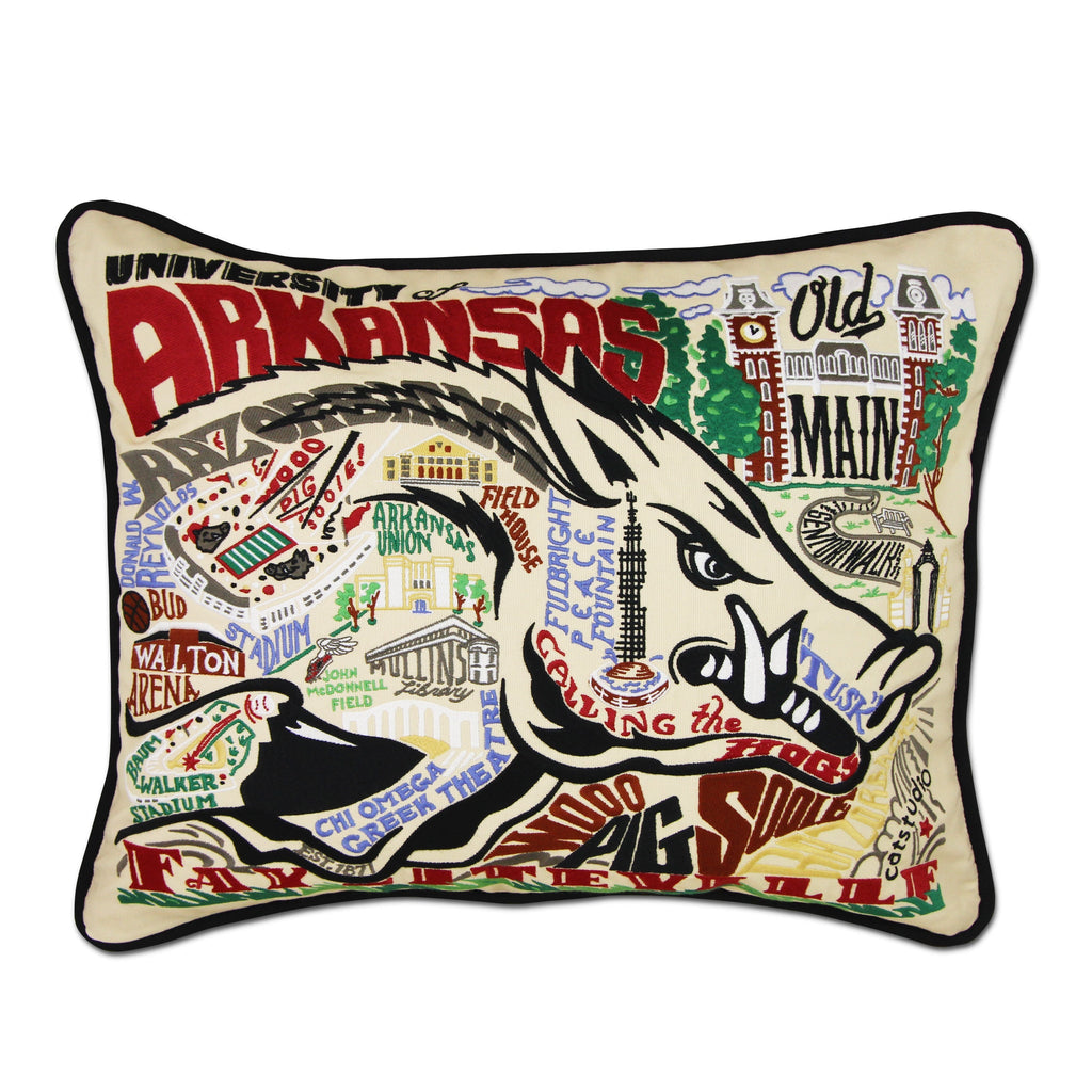 University of Arkansas UArk Razorbacks embroidered pillow with school mascot.