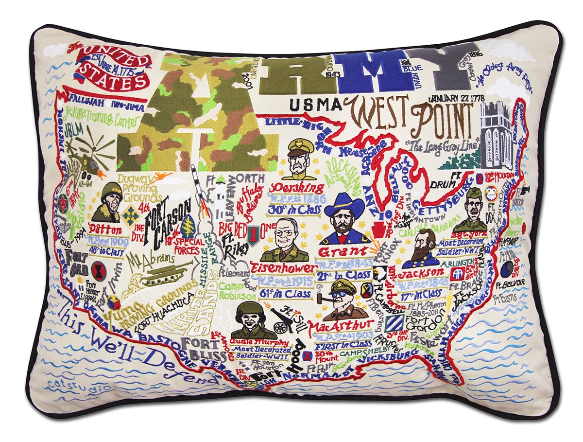Army Appreciation hand-embroidered throw pillow showcasing iconic landmarks