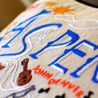 Aspen Colorado Embroidered Ski Lodge Pillow - close-up detail of hand-embroidered needlepoint stitching