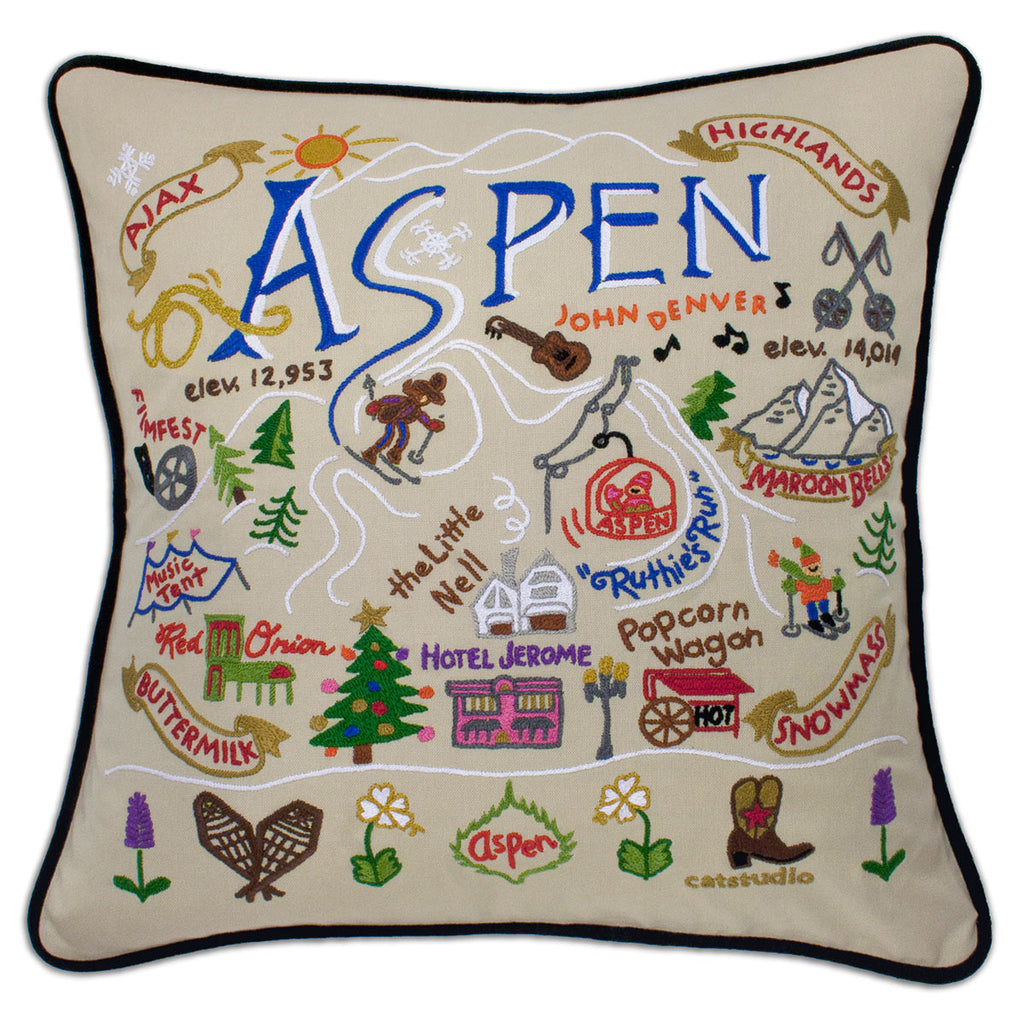 Aspen Colorado Ski Mountain Lodge embroidered throw pillow with ski resort.