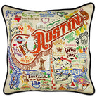 Austin, TX Live Music City hand-embroidered throw pillow showcasing iconic landmarks