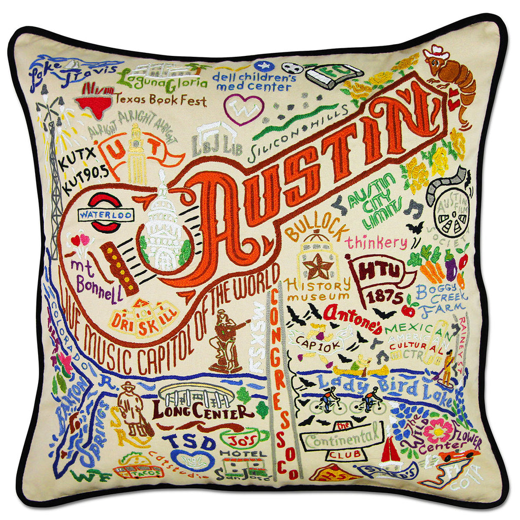 Austin, TX Live Music City embroidered throw pillow with musical theme.