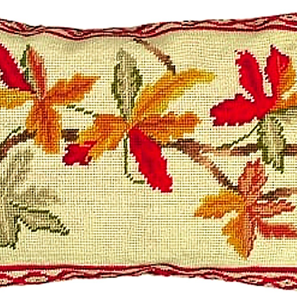 Autumn Fall Floral Leaves Botanical pillow fabric closeup showing hand-embroidered needlepoint wool texture and color detail