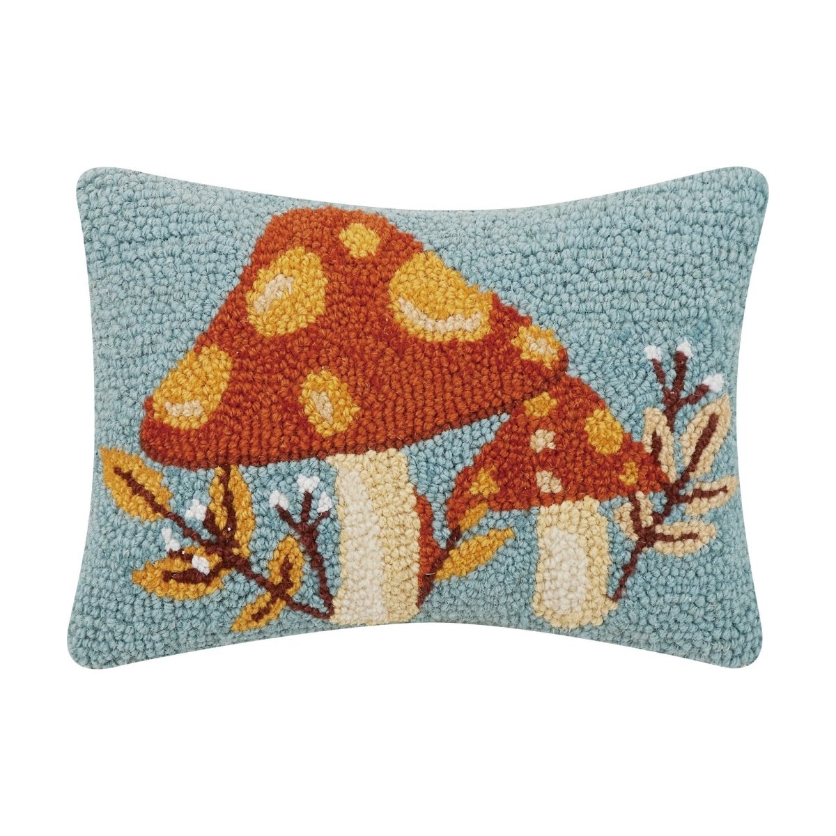 Autumn Mushroom with Leaves Hooked Wool Fall Harvest Throw Pillow, 8x12 inch, front view