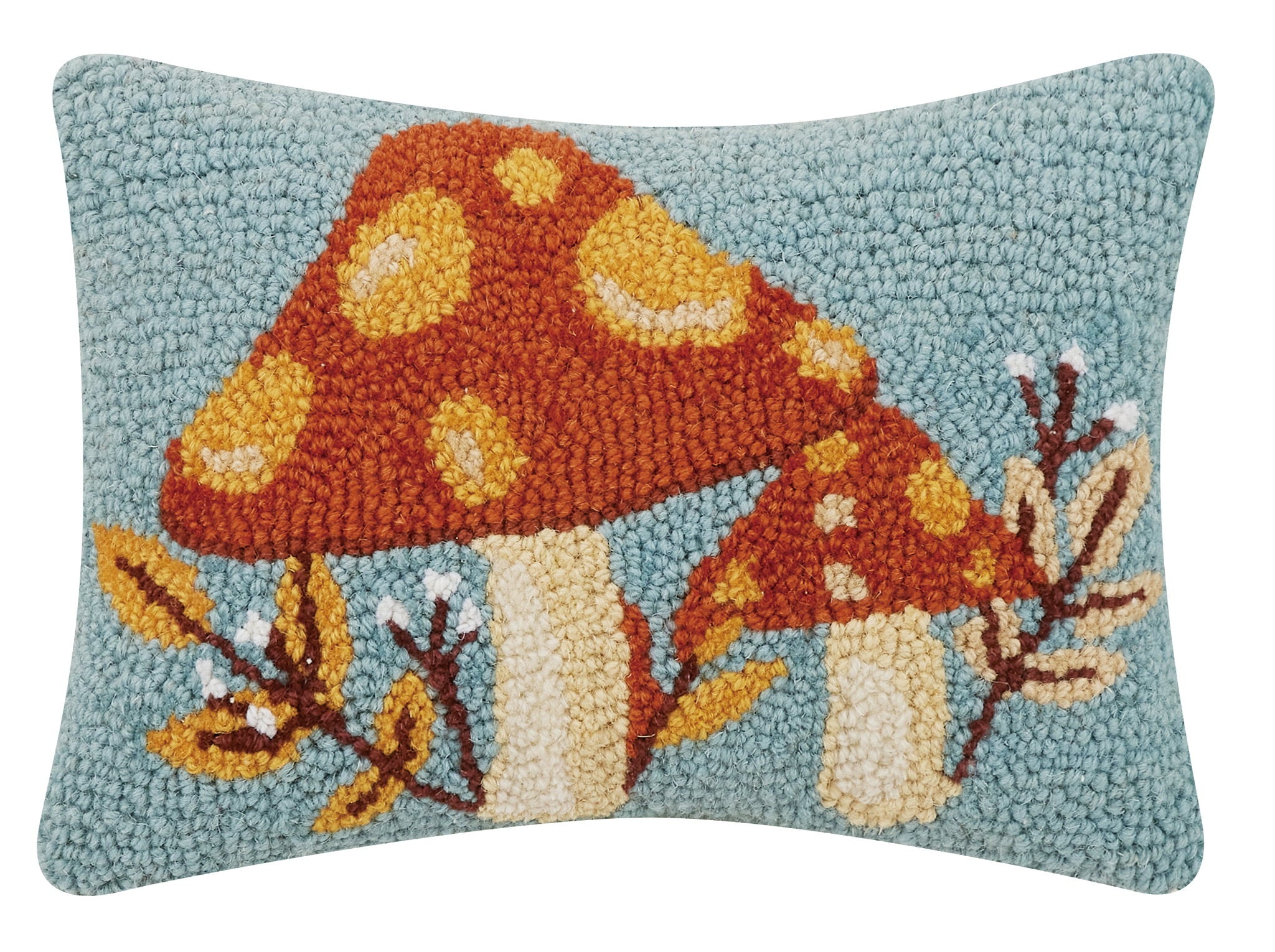 Autumn Mushroom with Leaves Hooked Wool Fall Harvest Throw Pillow, 8x12 inch, front view