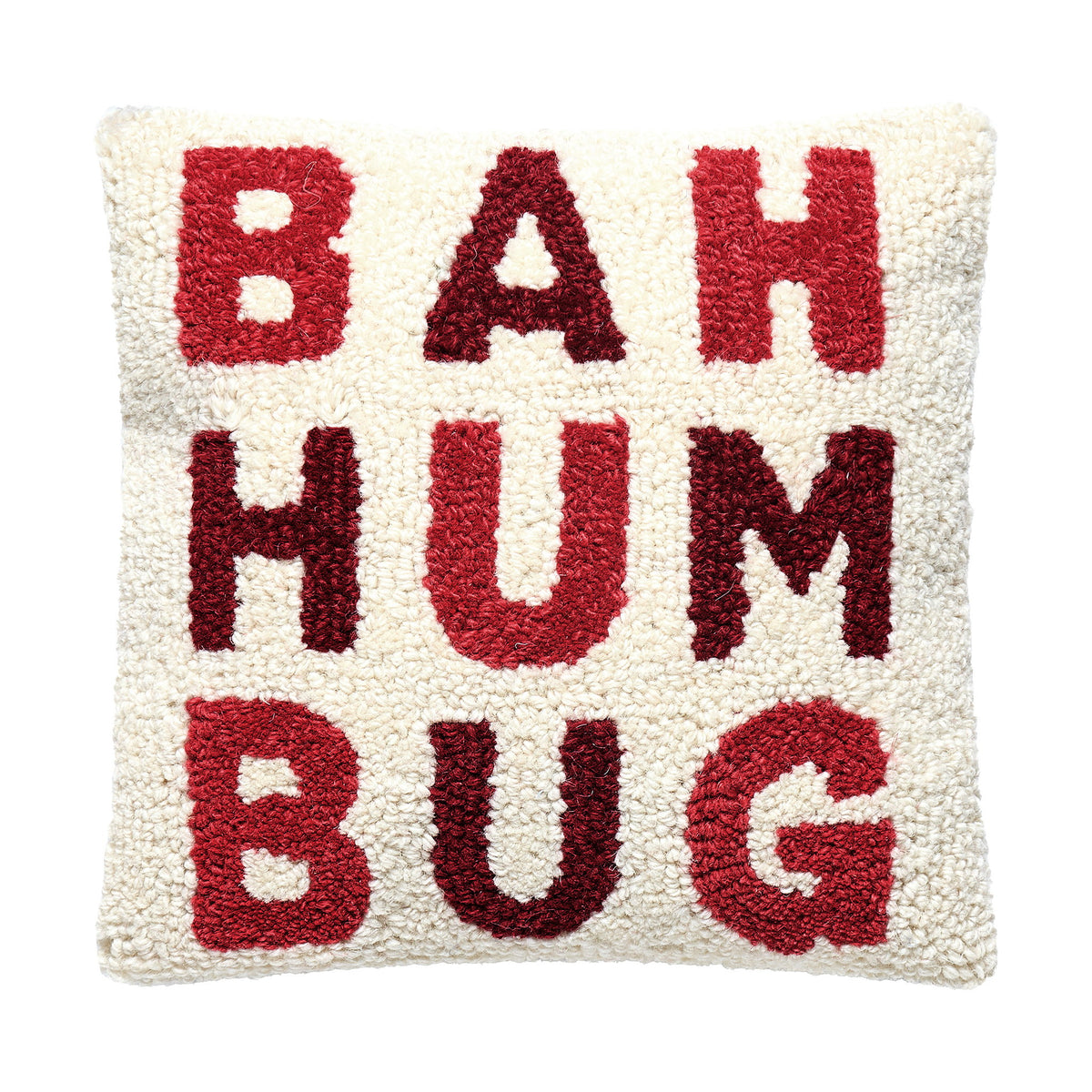 Bah Humbug Hooked Wool Christmas Throw Pillow, 10x10 inch, front view