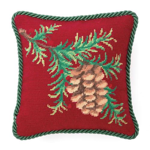 Balsam Wool Needlepoint Christmas Throw Pillow, 10x10 inch, front view