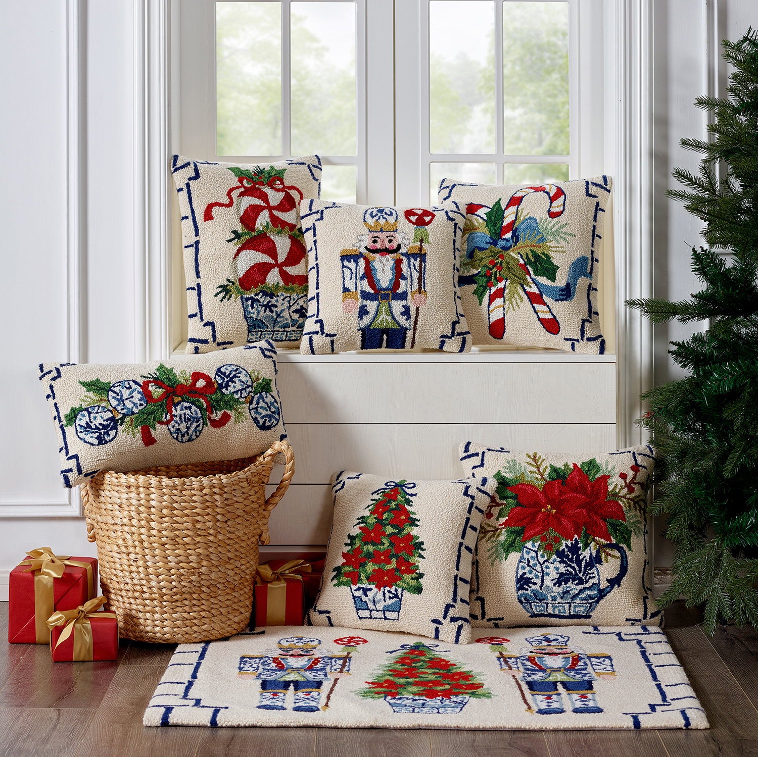 Bamboo Chinoiserie Nutcracker Hooked Wool Christmas Throw Pillow shown alongside other designs in the same collection, 16x16 inch