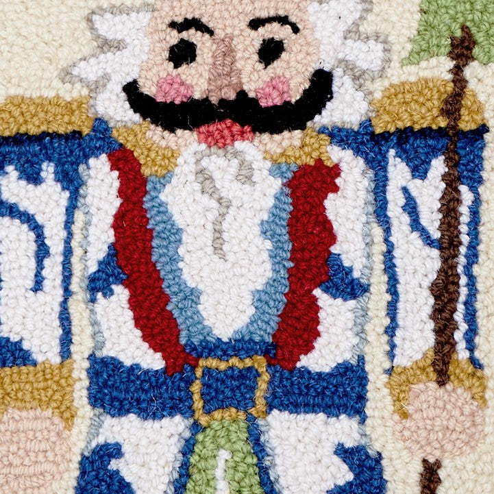 Bamboo Chinoiserie Nutcracker Hooked Wool Christmas Throw Pillow, close-up detail