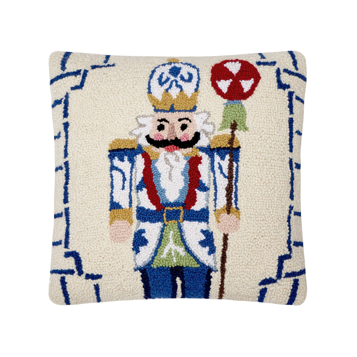 Bamboo Chinoiserie Nutcracker Hooked Wool Christmas Throw Pillow, 16x16 inch, front view