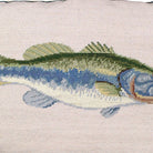 Closeup of Bass Game Fish Wildlife Lodge needlepoint throw pillow highlighting hand-stitched wool craftsmanship and fabric detail