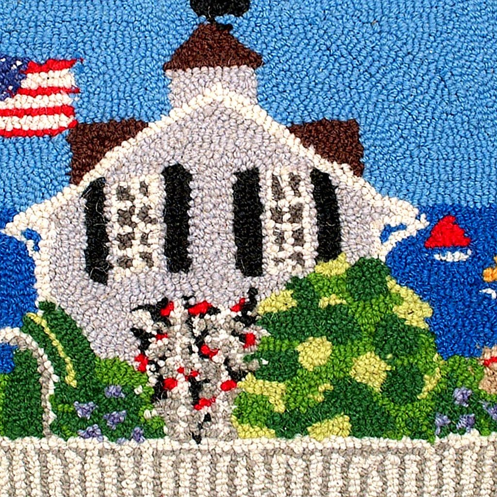 Beach House Coastal Wool Hooked pillow fabric closeup showing hand-embroidered needlepoint wool texture and color detail