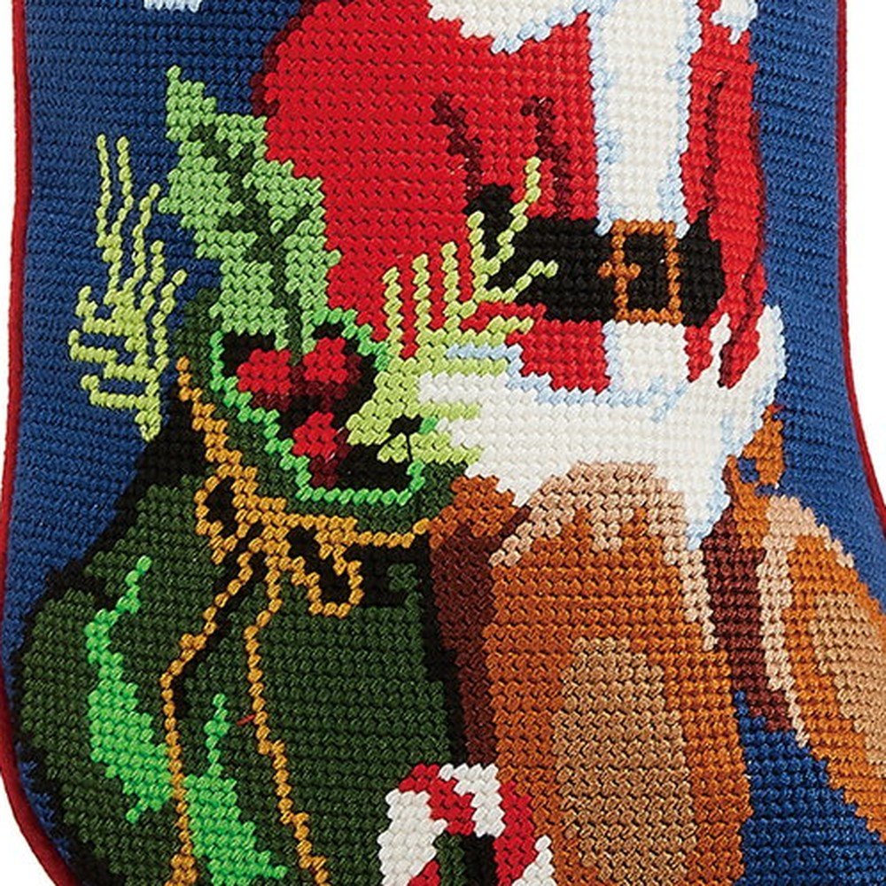 Closeup of Bear Presents Embroidered Needlepoint Christmas Stocking showing stitch texture and craftsmanship detail