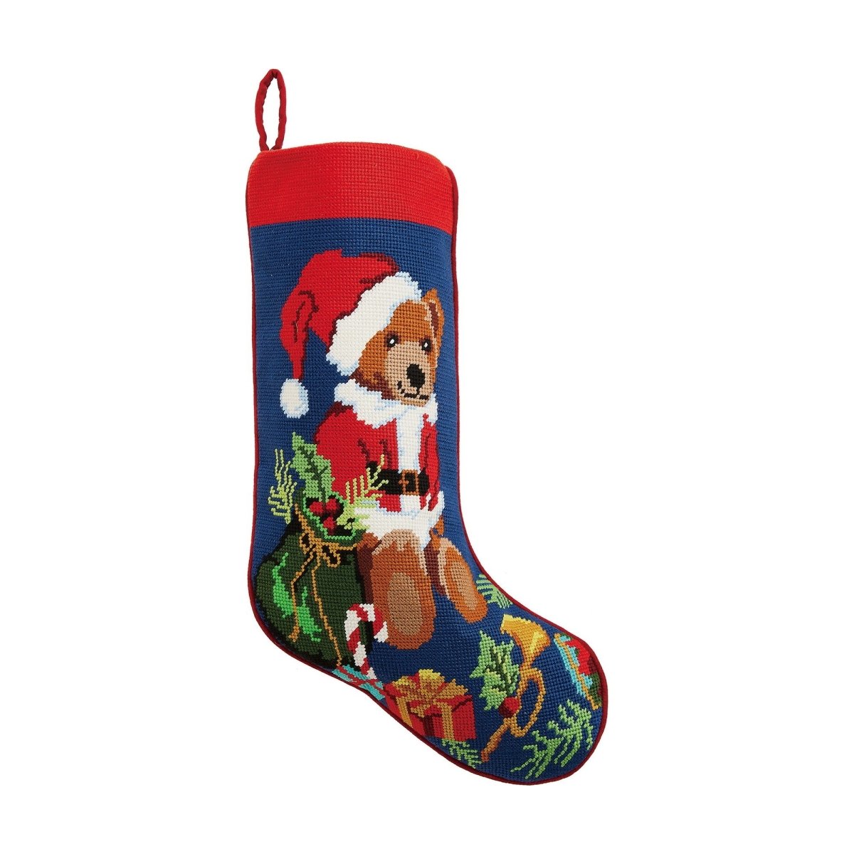 Bear Presents Embroidered Needlepoint Christmas Stocking, 11x18 inch, front view
