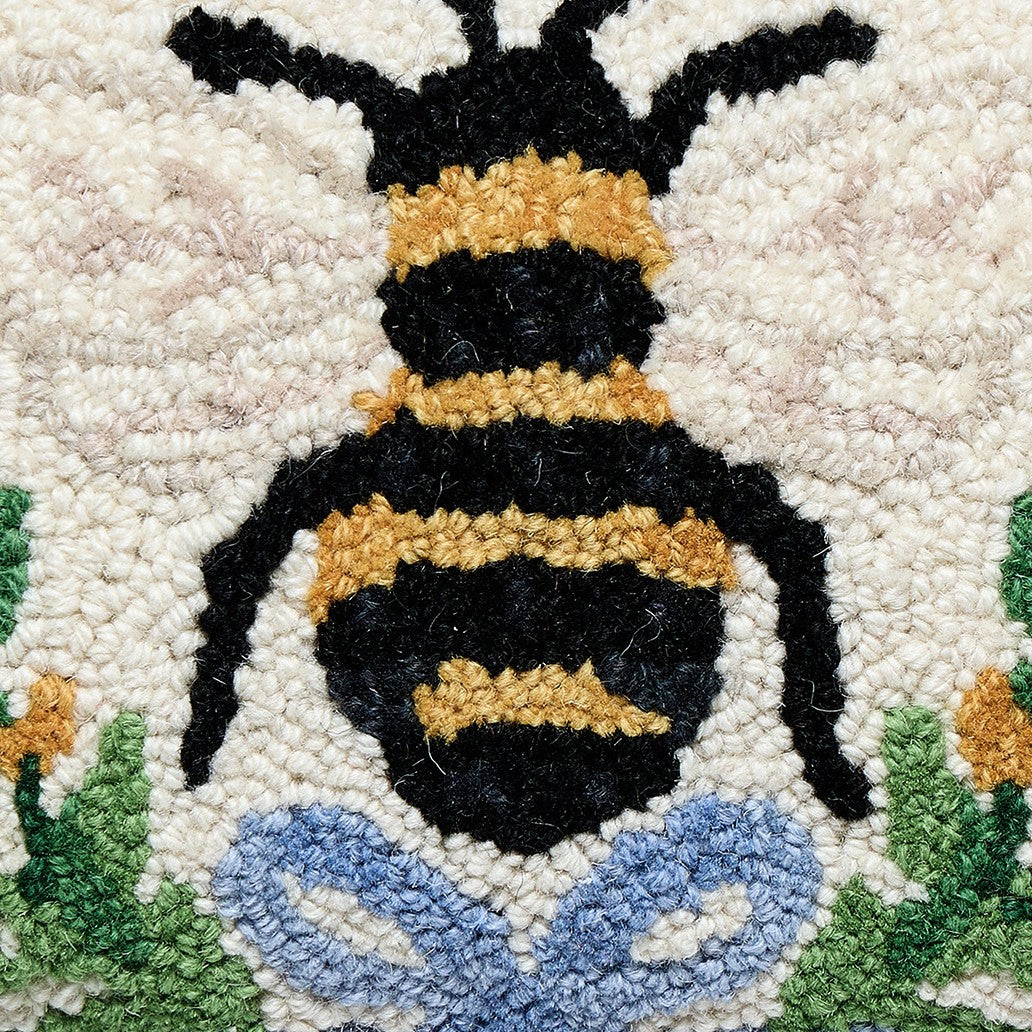 Bee in a Wreath Hooked Wool Throw Pillow, close-up detail