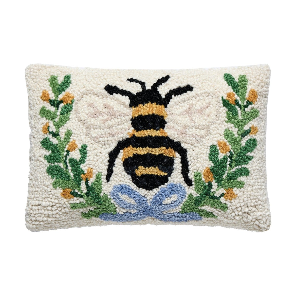 Bee in a Wreath Hooked Wool Throw Pillow, 8x12 inch, front view