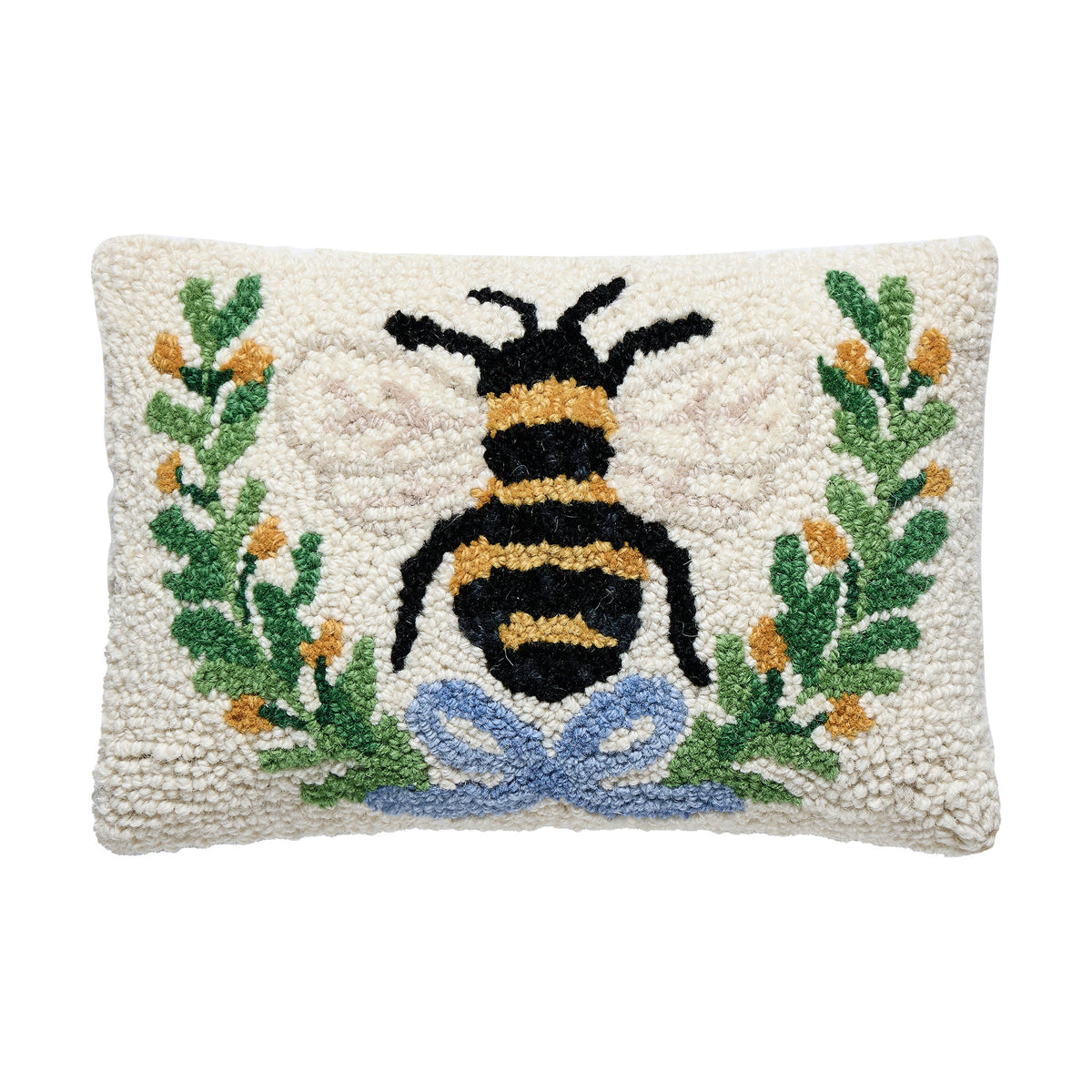 Bee in a Wreath Hooked Wool Throw Pillow, 8x12 inch, front view