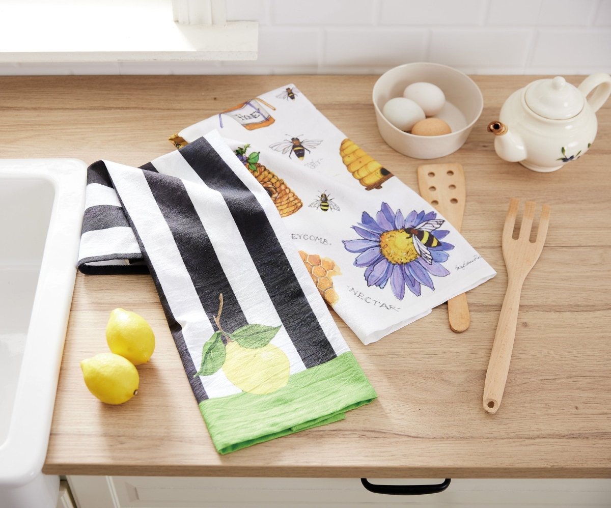 Beehavin Kitchen Towel shown alongside other designs in the same collection, 18x25 inch
