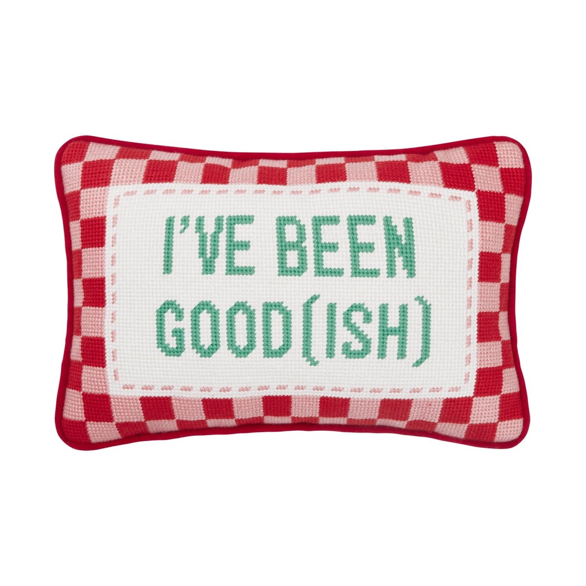 Been Good (Ish) Embroidered Needlepoint Christmas Throw Pillow, 8x12 inch, front view