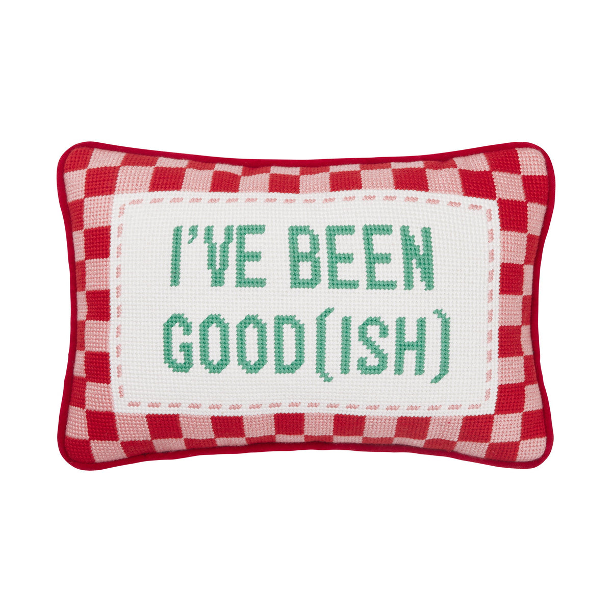 Been Good (Ish) Embroidered Needlepoint Christmas Throw Pillow, 8x12 inch, front view