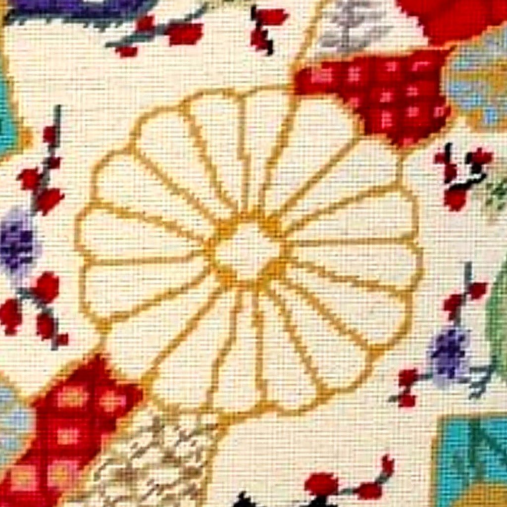Beige Chic Imari Flowers pillow fabric closeup showing hand-embroidered needlepoint wool texture and color detail
